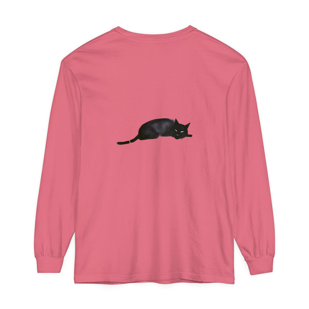 A cozy and comfortable unisex long sleeve t-shirt featuring a sleeping black cat design