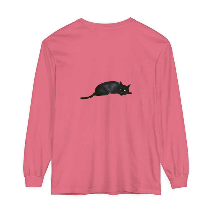 A cozy and comfortable unisex long sleeve t-shirt featuring a sleeping black cat design