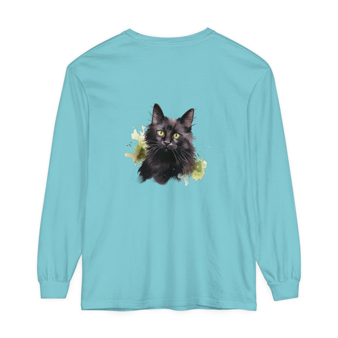 Black Cat Watercolor Splash Long Sleeve T-Shirt with vibrant and artistic design