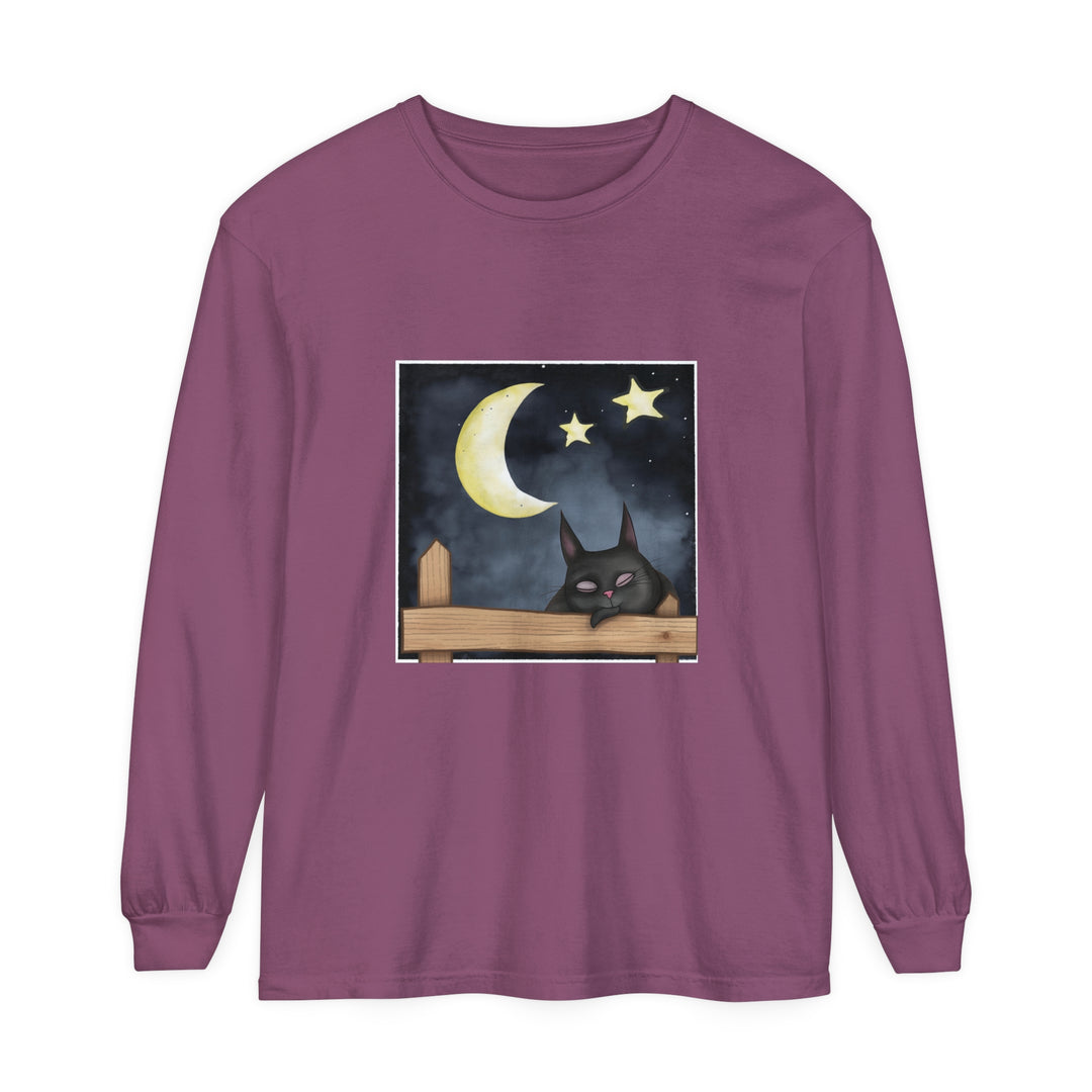 Sleepy Cat Night Sky T-Shirt featuring a cute cat sleeping under the starry night sky, perfect for cat lovers and stargazers alike