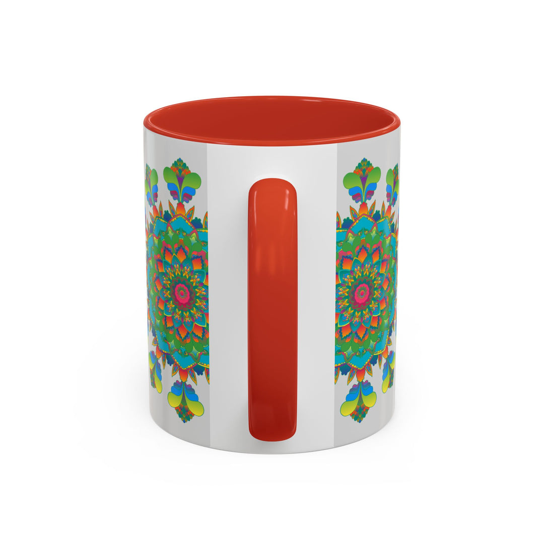 A vibrant and colorful mandala art mug with intricate designs on a grey background