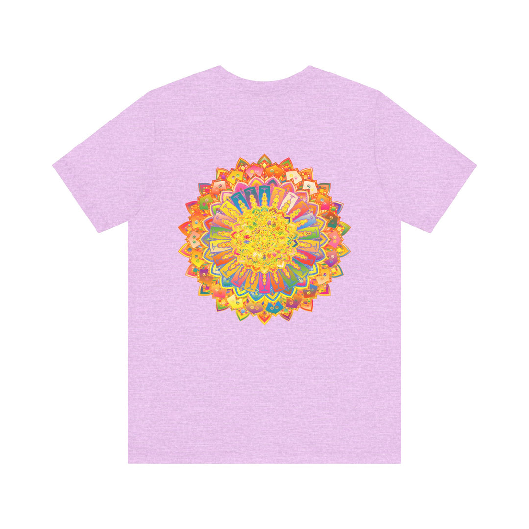 A colorful mandala tee featuring intricate geometric patterns and spiritual symbols, promoting peace and harmony through vibrant design