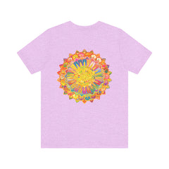 A colorful mandala tee featuring intricate geometric patterns and spiritual symbols, promoting peace and harmony through vibrant design
