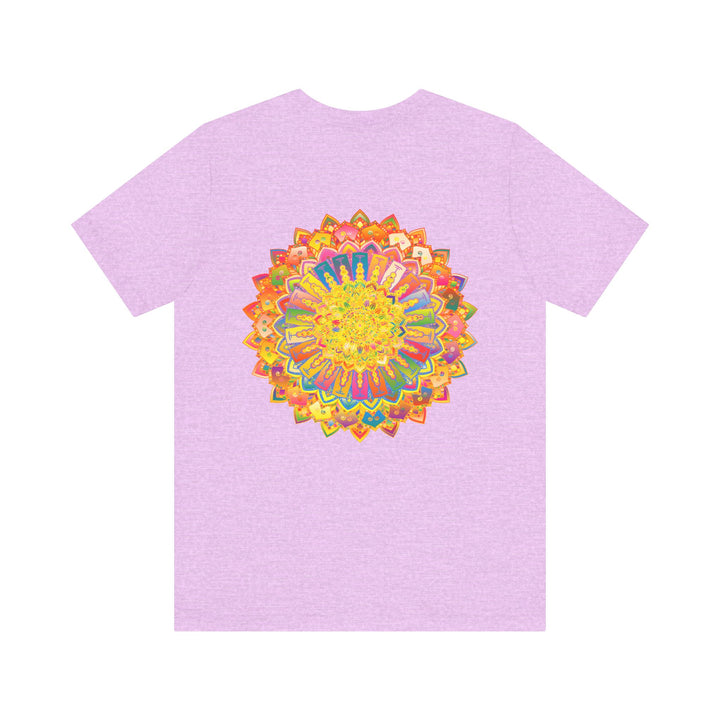 A colorful mandala tee featuring intricate geometric patterns and spiritual symbols, promoting peace and harmony through vibrant design