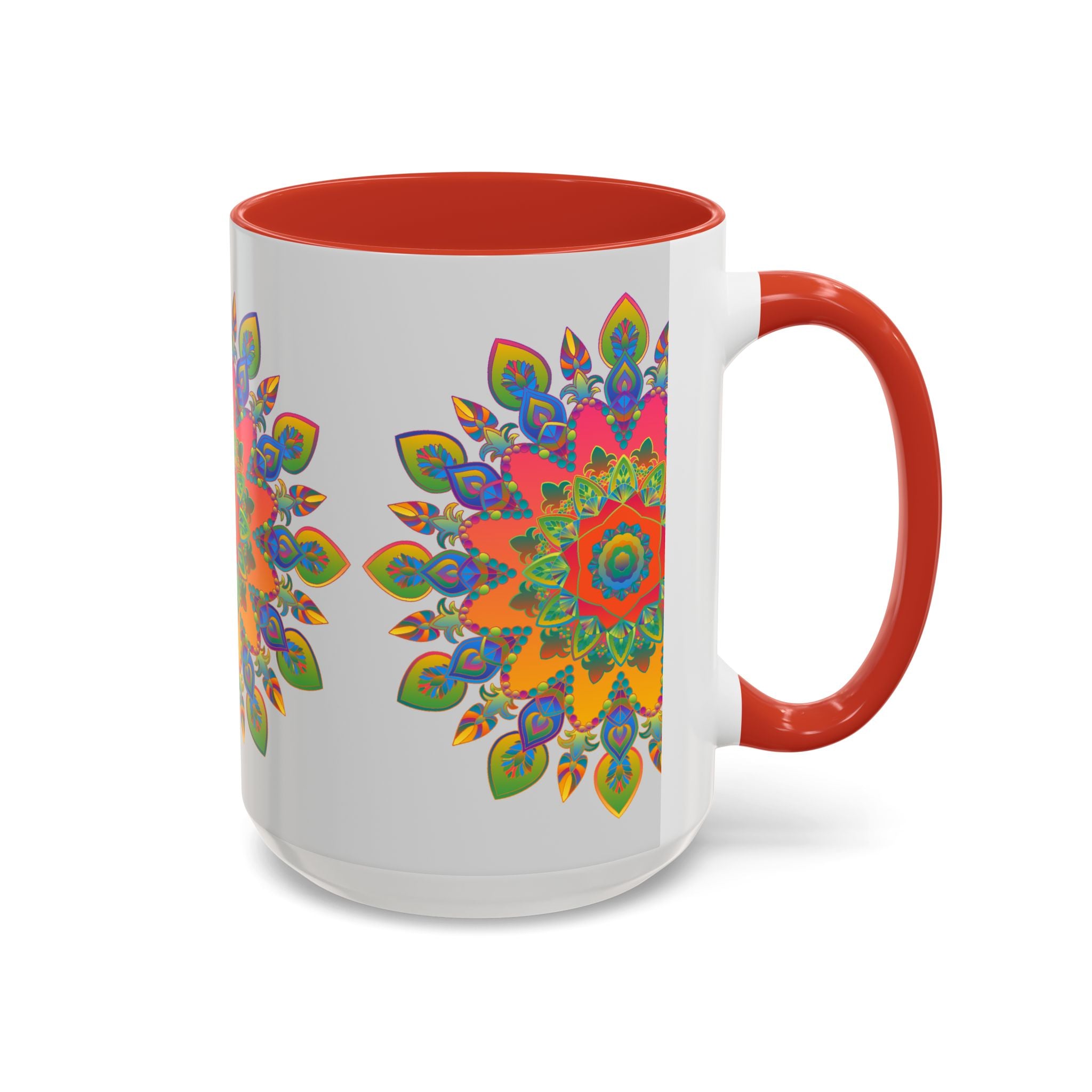 Colorful Mandala Mug with intricate and vibrant art on a grey background, perfect for enjoying your favorite hot beverage