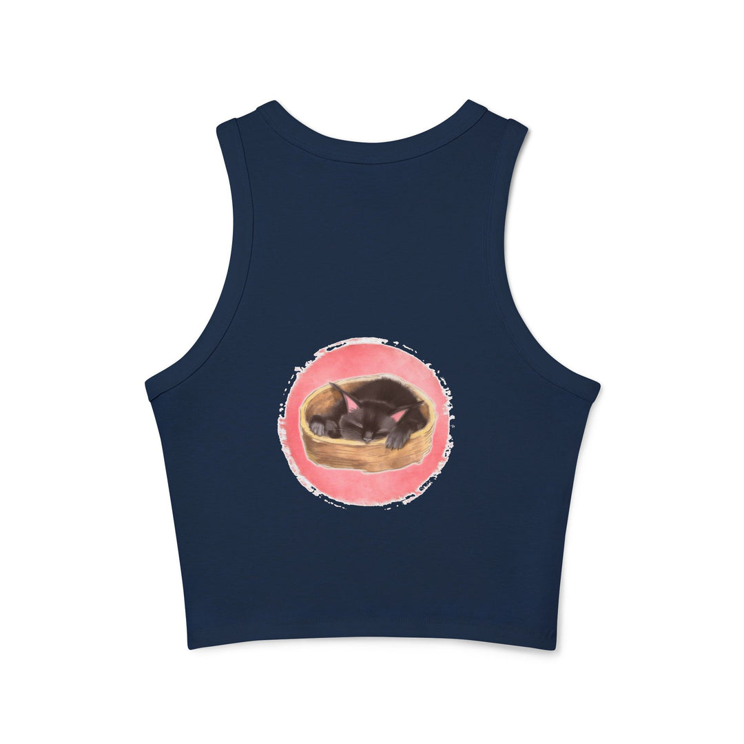 Close-up of a comfortable and stylish racerback tank top featuring a sleeping black cat design