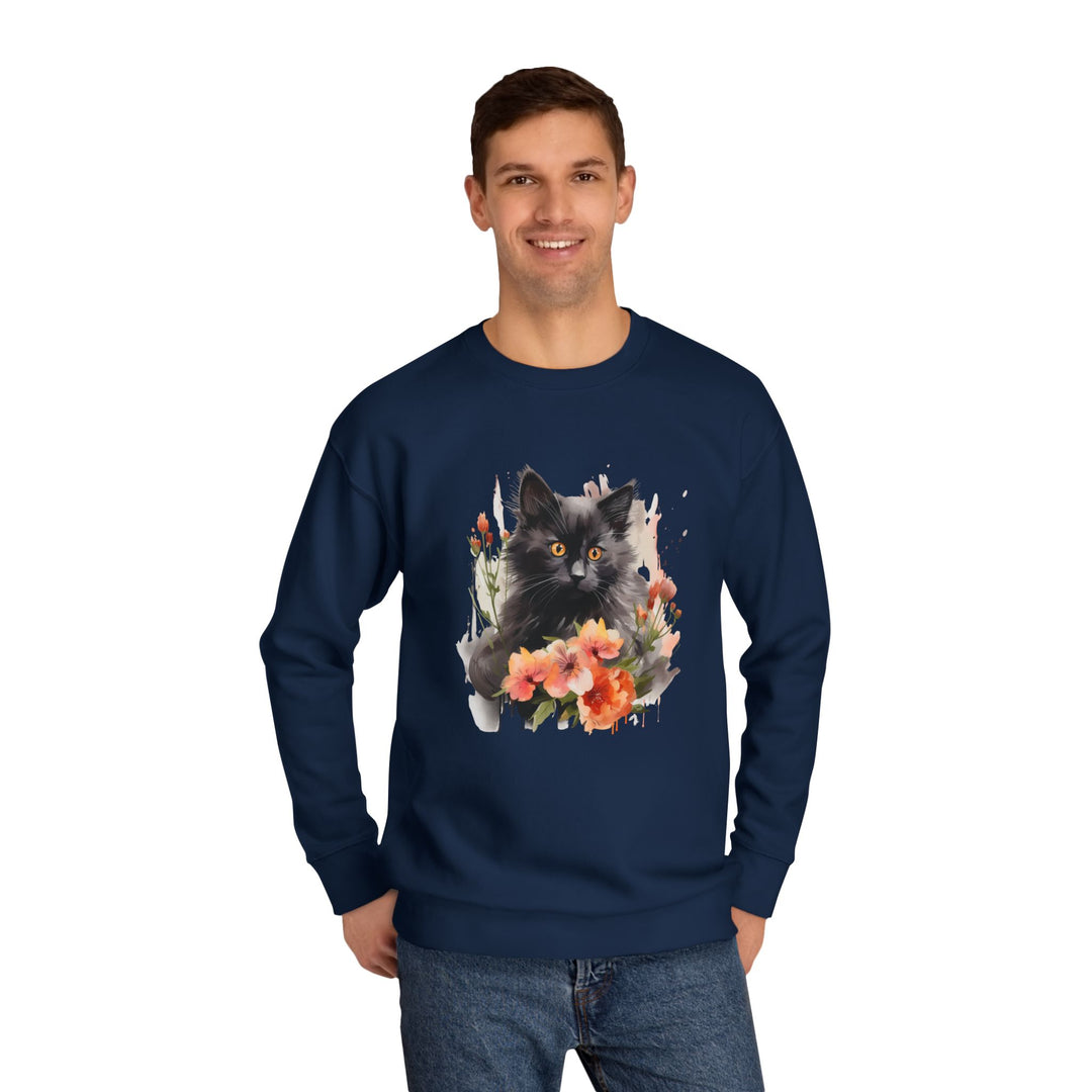 Black Cat and Blossoming Flowers Soft Cotton Sweatshirt