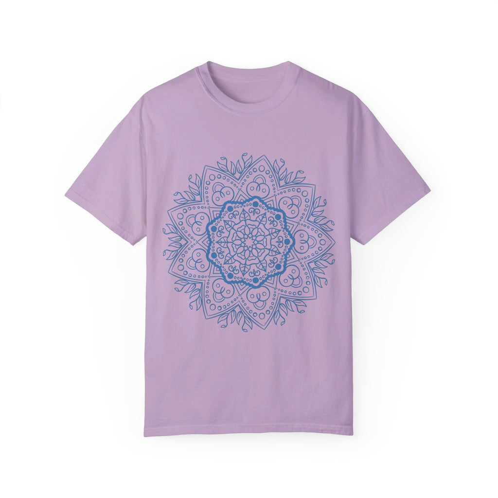 Handmade unisex Mandala Tshirt with intricate hand-drawn design, garment-dyed for a unique and artistic look