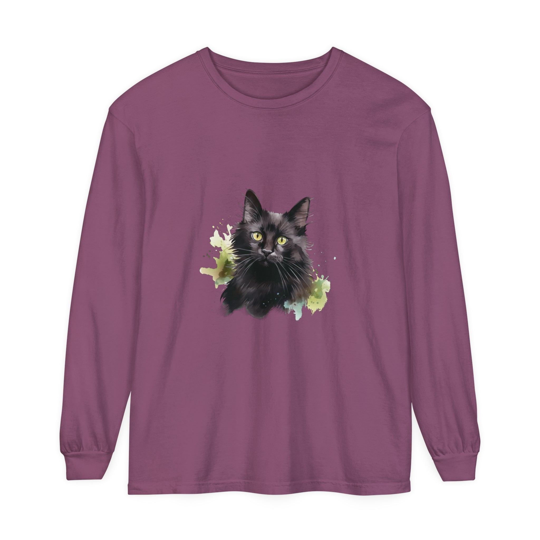 Black Cat Watercolor Splash Long Sleeve T-Shirt with vibrant feline design