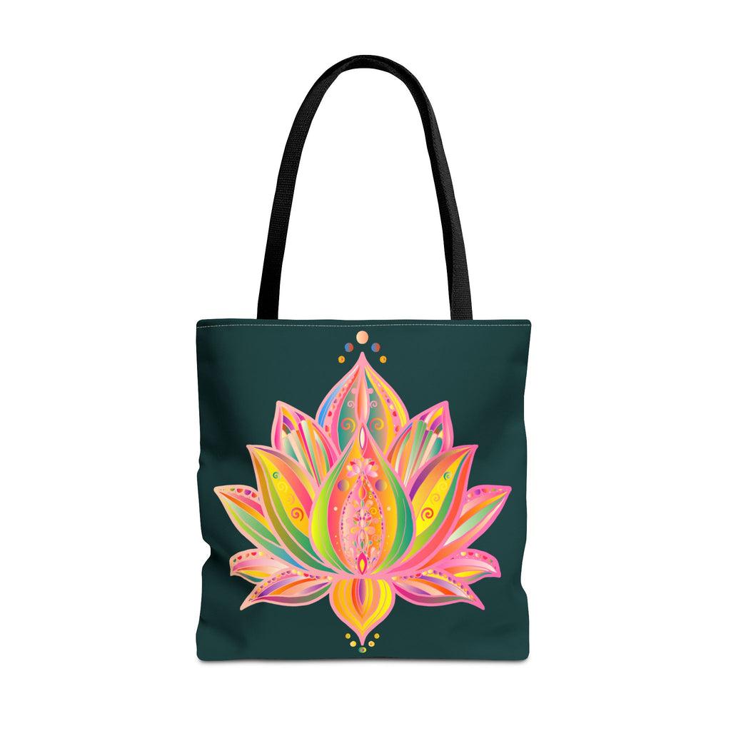 Colorful, bohemian-style Mandala Lotus Tote Bag with intricate floral design and spacious interior for stylish and practical everyday use