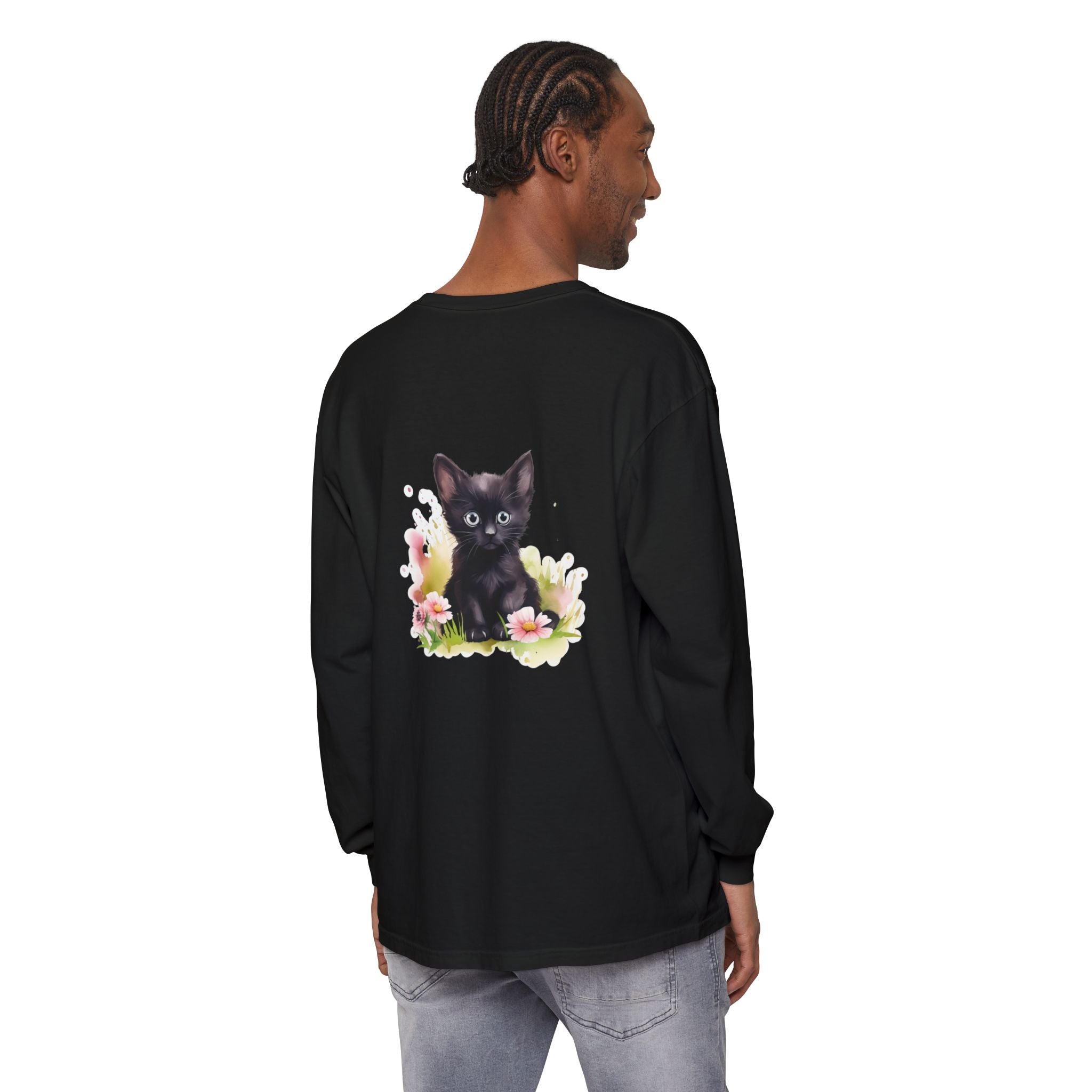 Langarmshirt | Schwarzes Kätzchen & rosa Blumen