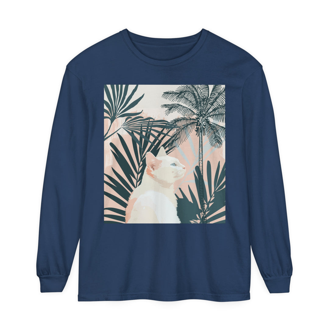 A long sleeve t-shirt with a tropical mandala design featuring a white cat