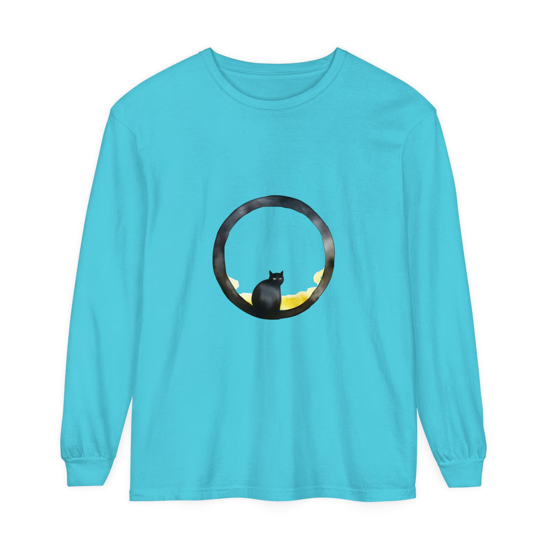 Black Cat Moon Glow Long Sleeve T-Shirt: a black t-shirt with a glowing moon and a cat print