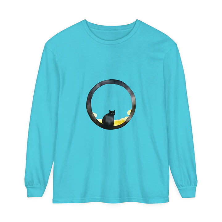 Black Cat Moon Glow Long Sleeve T-Shirt: a black t-shirt with a glowing moon and a cat print