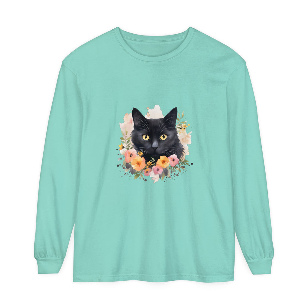 Black Cat Floral Portrait Unisex T-Shirt featuring a beautifully detailed feline design surrounded by vibrant flowers, perfect for animal lovers and nature enthusiasts alike