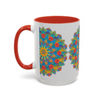 Vibrant yellow, orange, and blue mandala art mug with intricate design