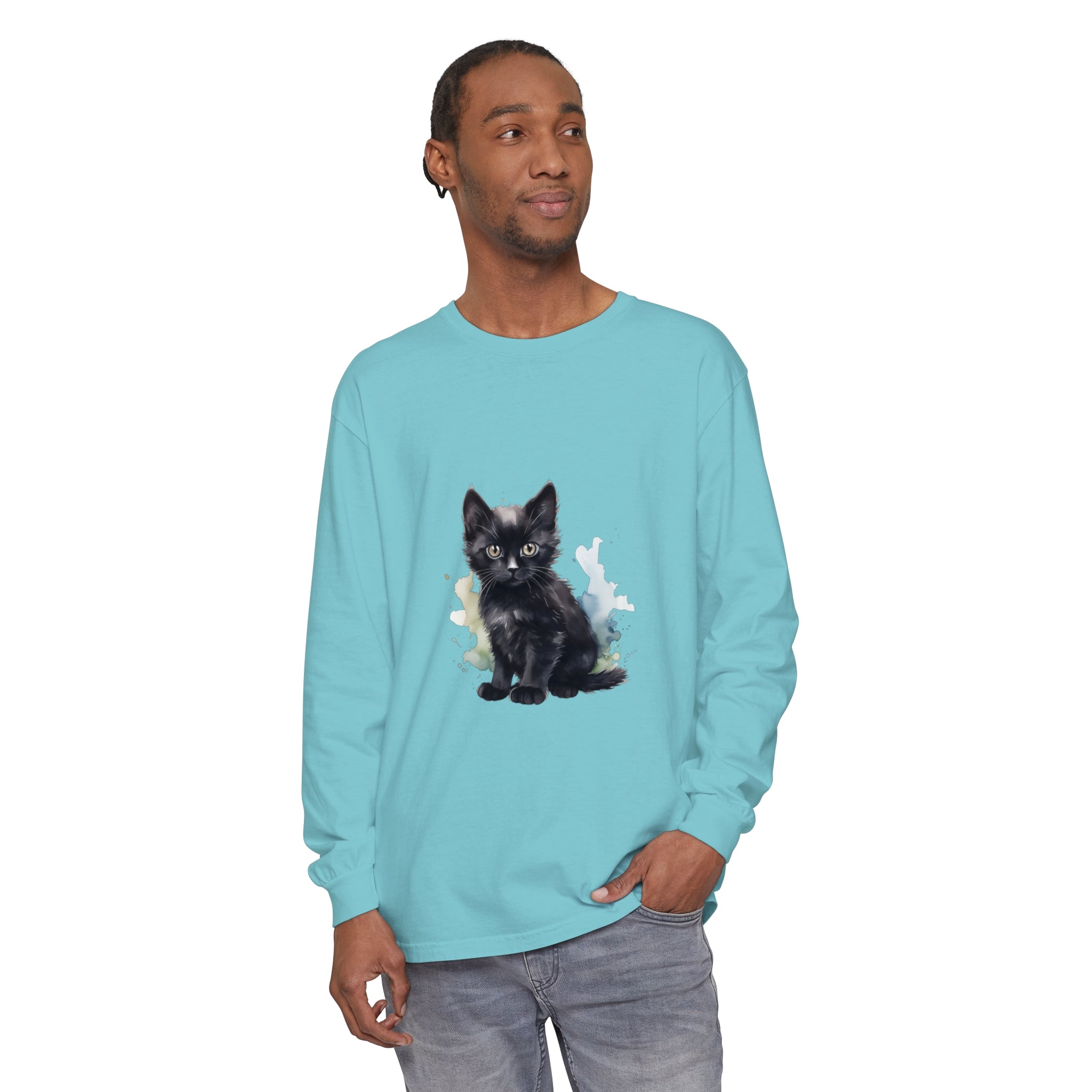 Black Kitten Watercolor Long Sleeve T-Shirt featuring a cute watercolor design of a black kitten on a comfortable long sleeve shirt