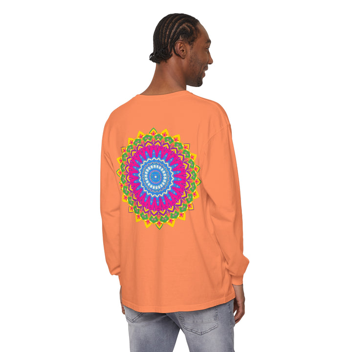 Colorful and intricate mandala design on a unisex long sleeve t-shirt