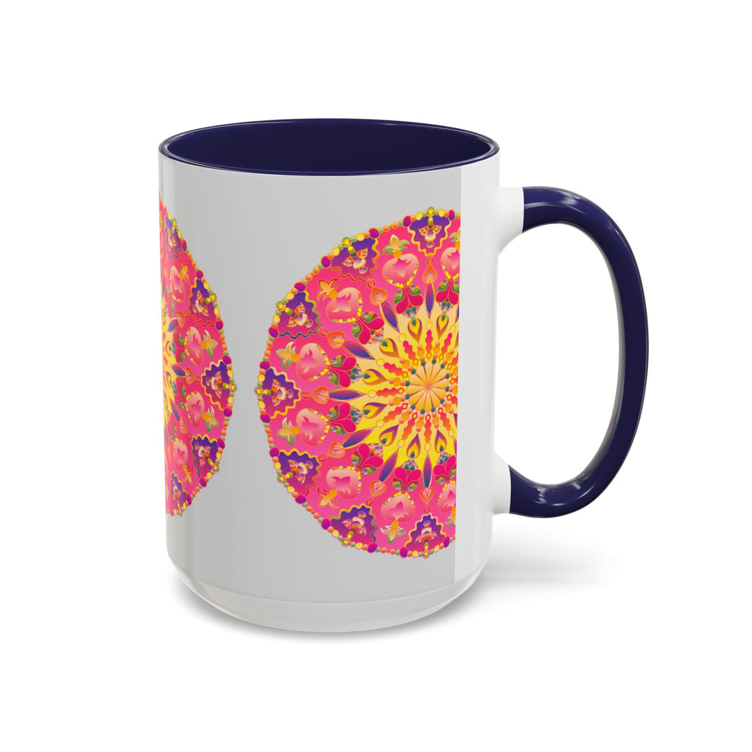 Artisanal mug featuring detailed pink, yellow, and green mandala design