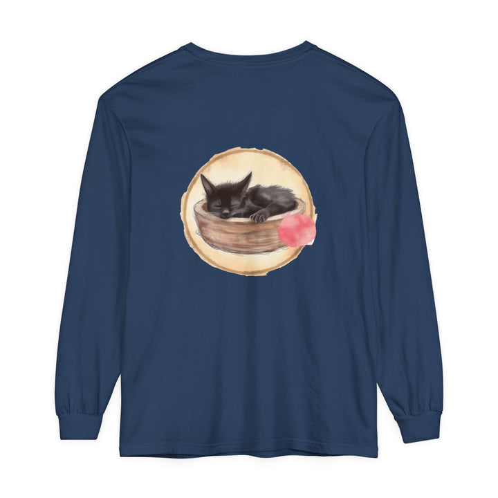 Watercolor long sleeve t-shirt featuring a peaceful sleeping cat in a bowl