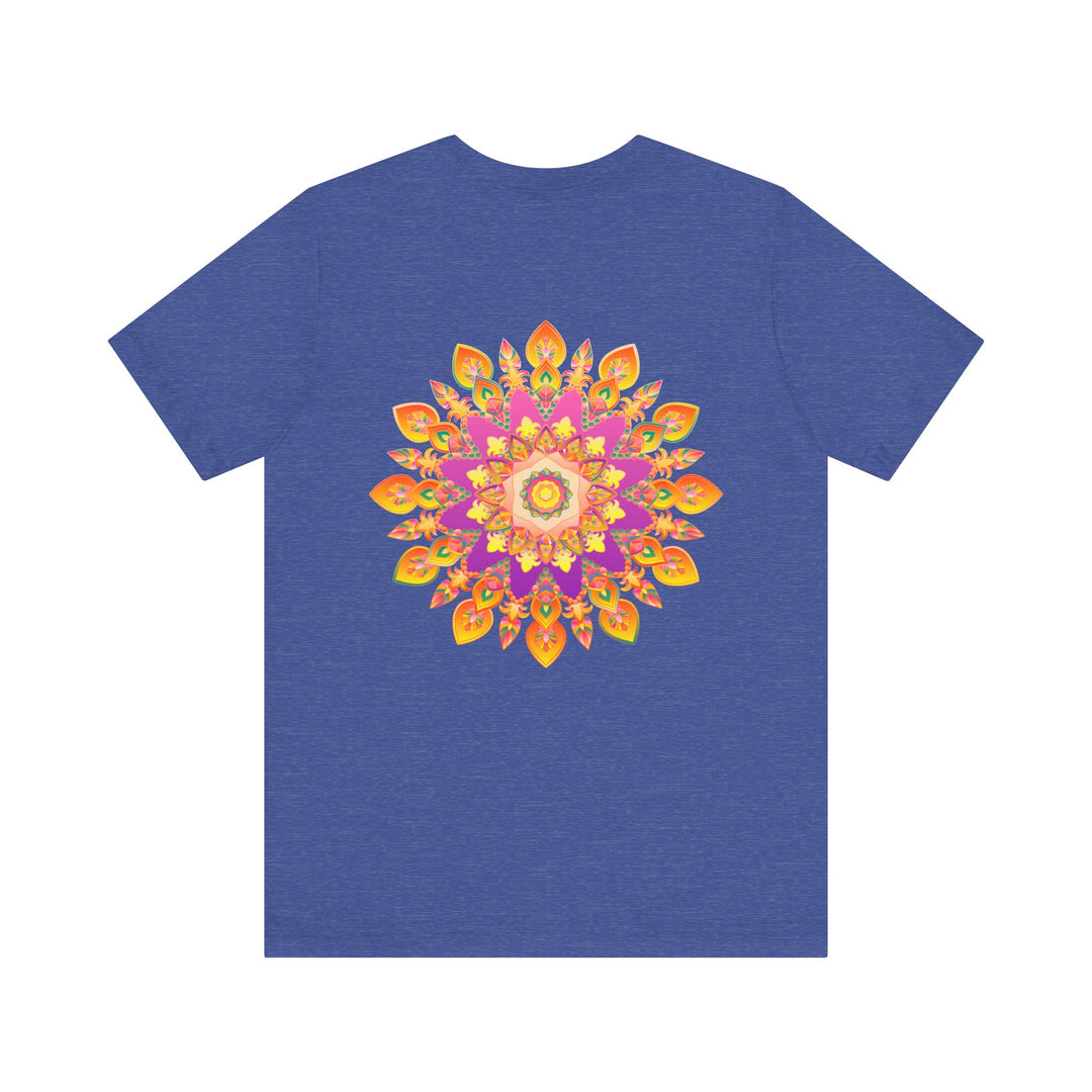 A detailed and colorful mandala pattern adorning a vibrant t-shirt symbolizing peace and harmony