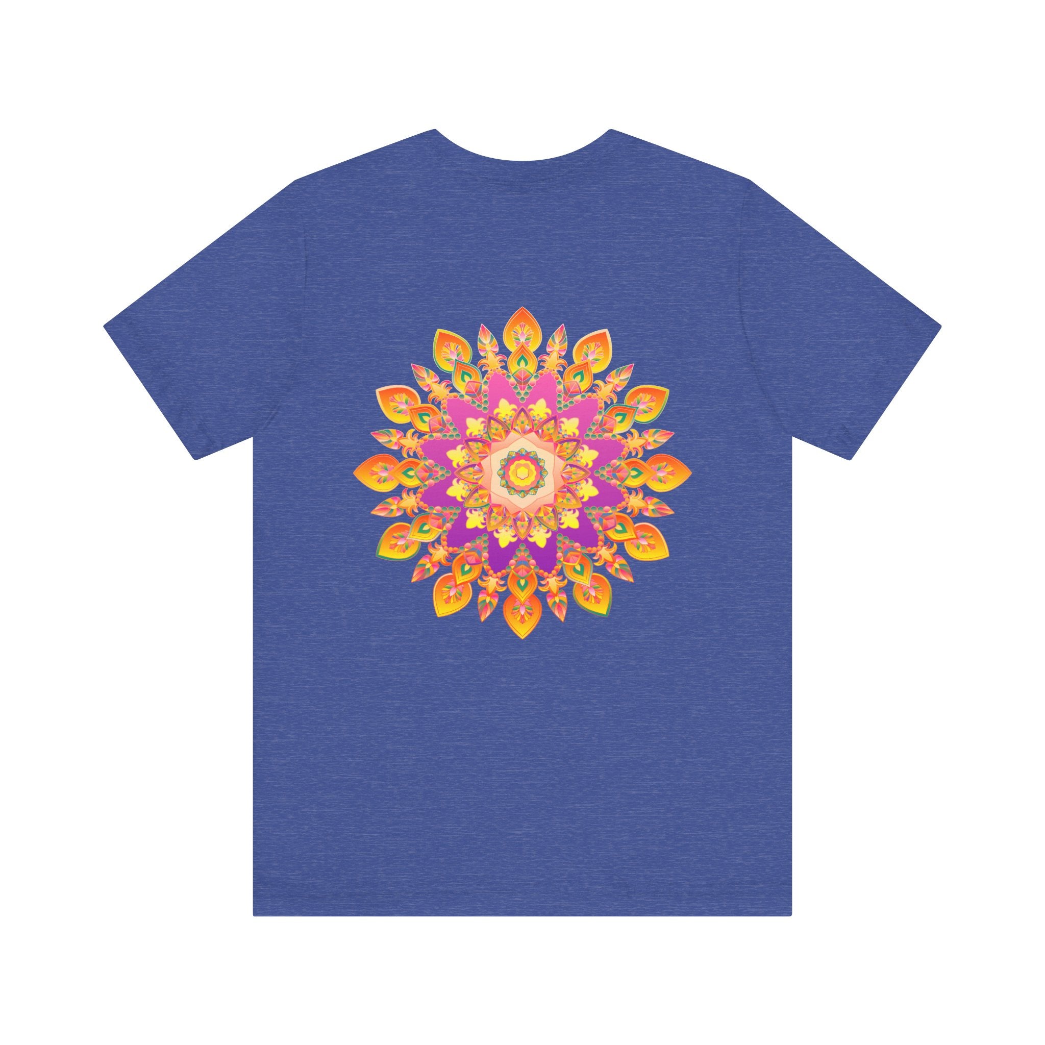 A detailed and colorful mandala pattern adorning a vibrant t-shirt symbolizing peace and harmony