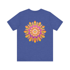 A detailed and colorful mandala pattern adorning a vibrant t-shirt symbolizing peace and harmony
