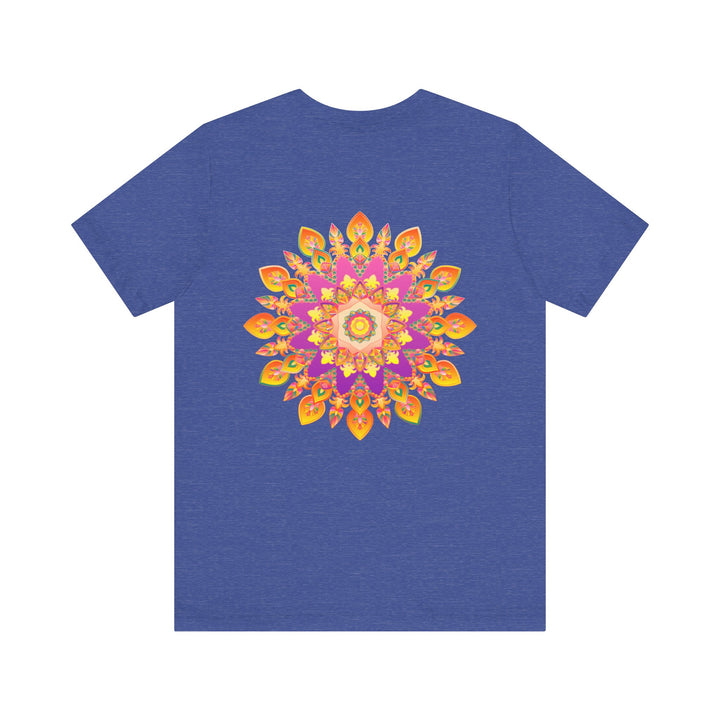 A detailed and colorful mandala pattern adorning a vibrant t-shirt symbolizing peace and harmony