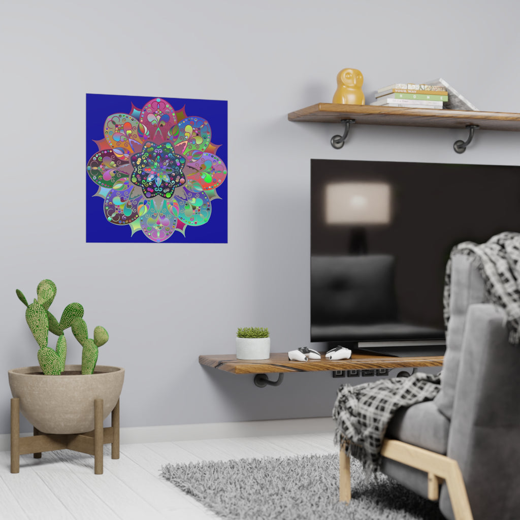 Large dark blue square matte paper poster with intricate hand-drawn mandala design