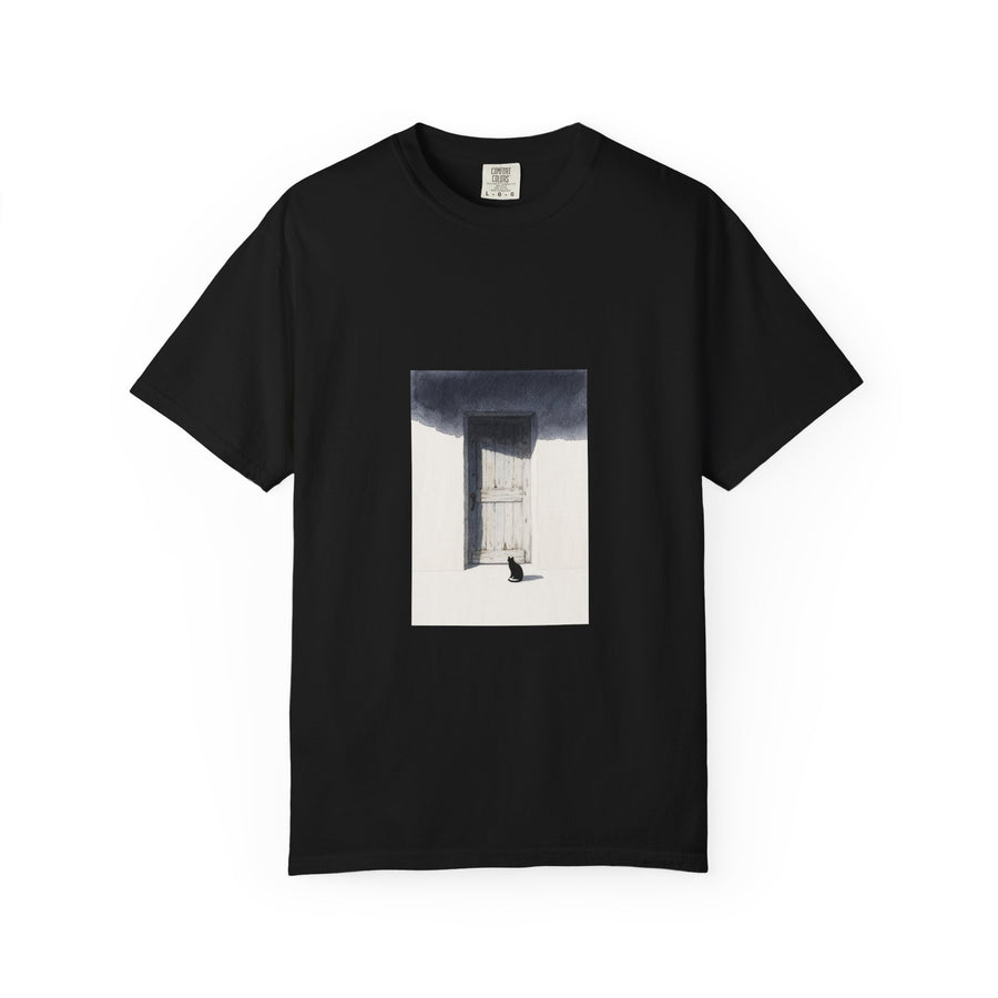 T-Shirt — Minimal Art Cat at Door Graphic Tee