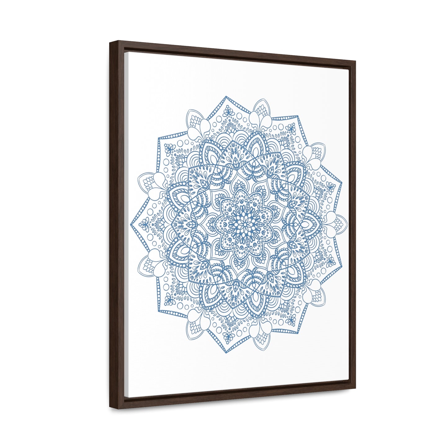 Beautiful handcrafted steel blue Mandala design wall art on gallery canvas wraps, displayed in a vertical frame