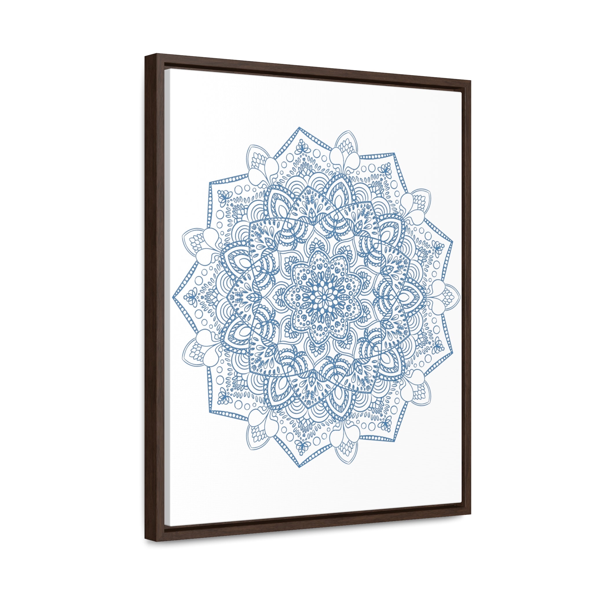 Beautiful handcrafted steel blue Mandala design wall art on gallery canvas wraps, displayed in a vertical frame