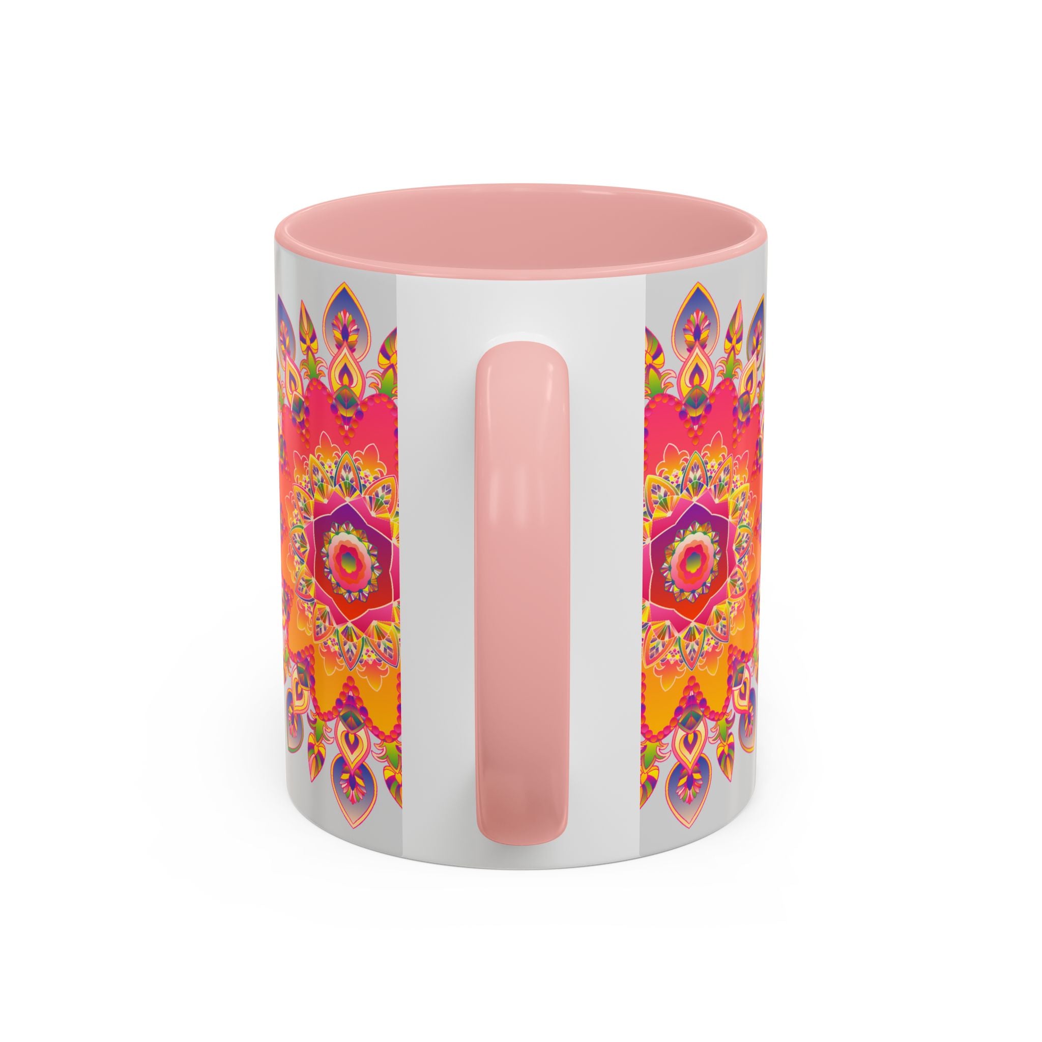 Mandala Art Mug - A stunning ceramic mug with vibrant mandala designs against a sleek grey background, perfect for enjoying your favorite hot beverages in style