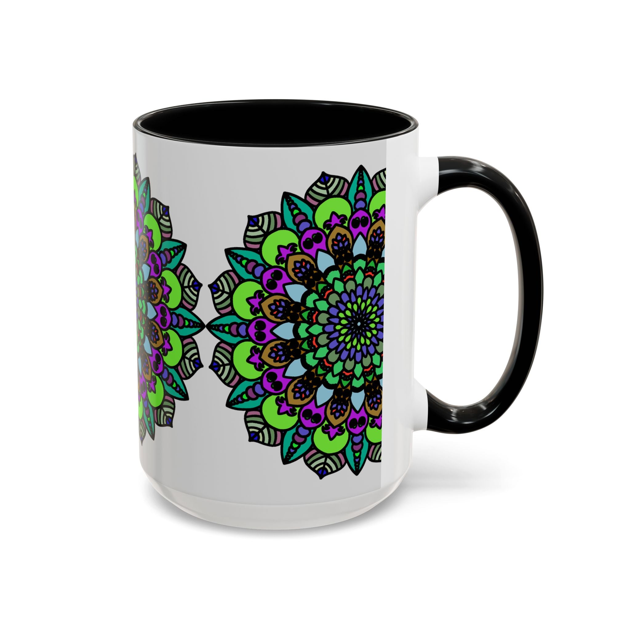 Vibrant and intricate mandala art design on white ceramic mug