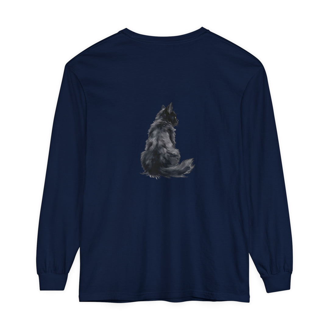 Black cat silhouette printed on a unisex long sleeve t-shirt