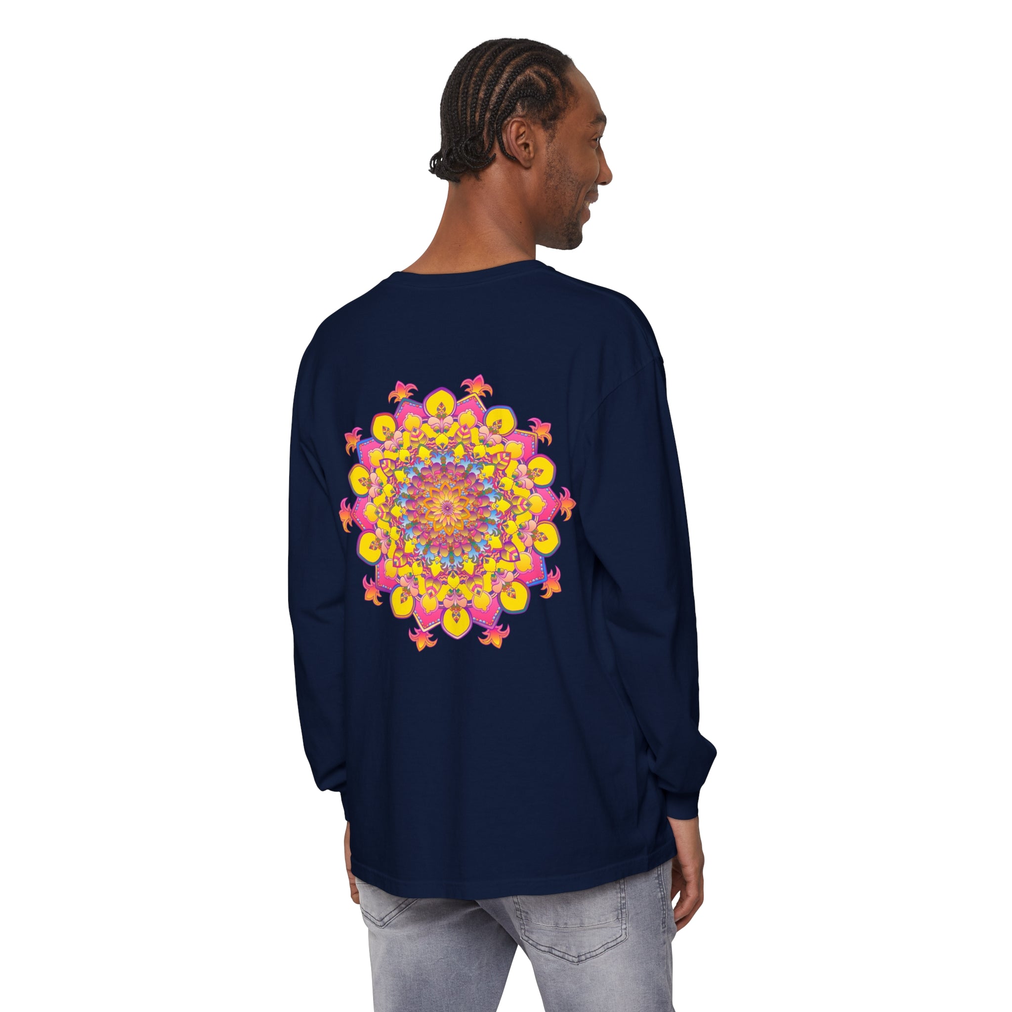 Colorful and intricate Mandala design featured on a unisex long sleeve T-shirt