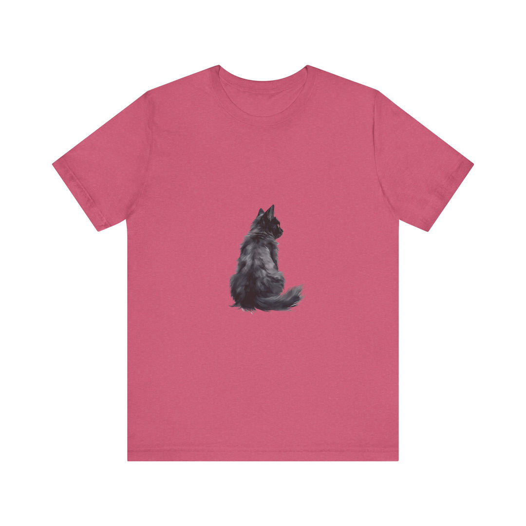 A close-up image of a cozy black cat silhouette tee, featuring a cute feline design on a comfortable black t-shirt for cat lovers