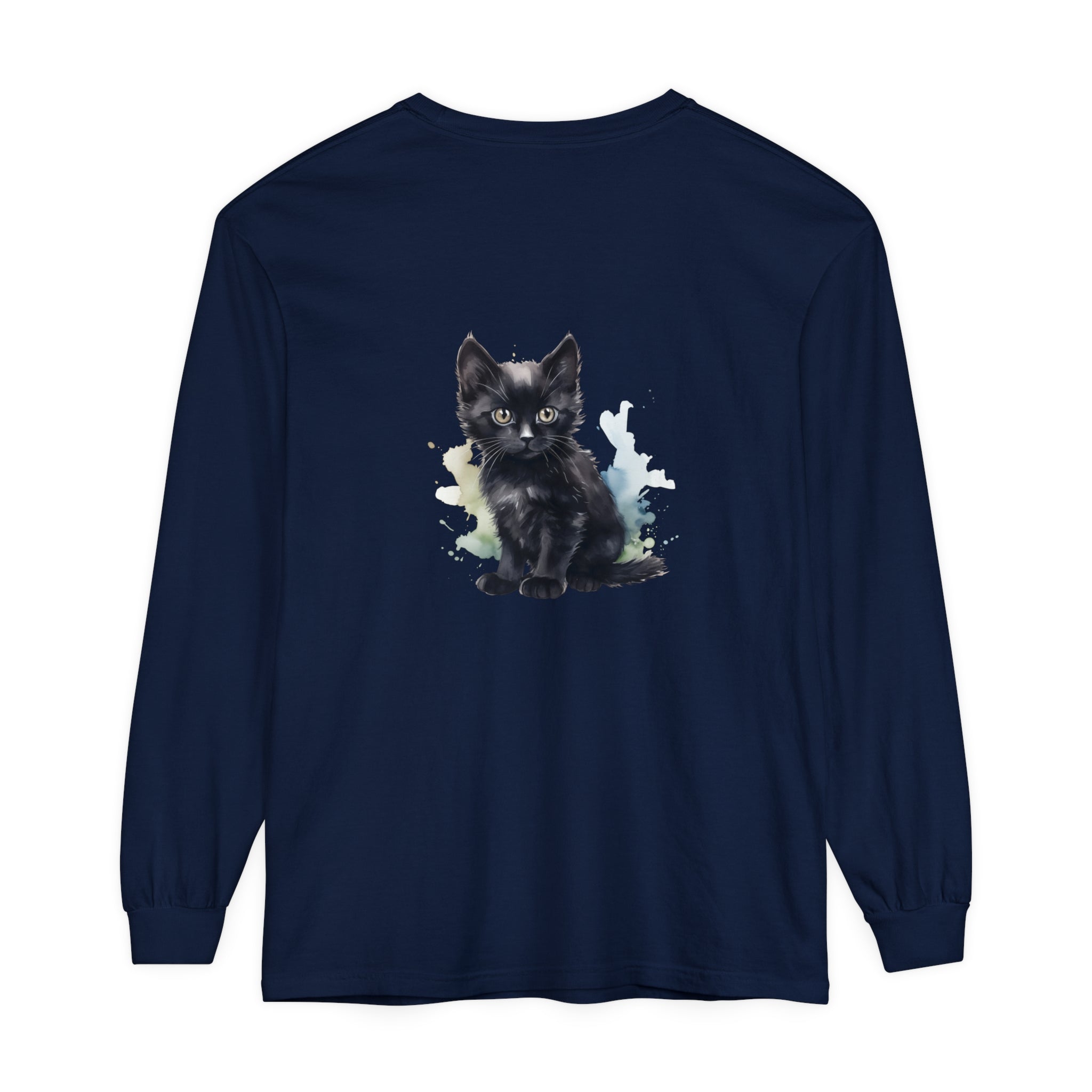 Black Kitten Watercolor Long Sleeve T-Shirt with cute kitten design and watercolor style