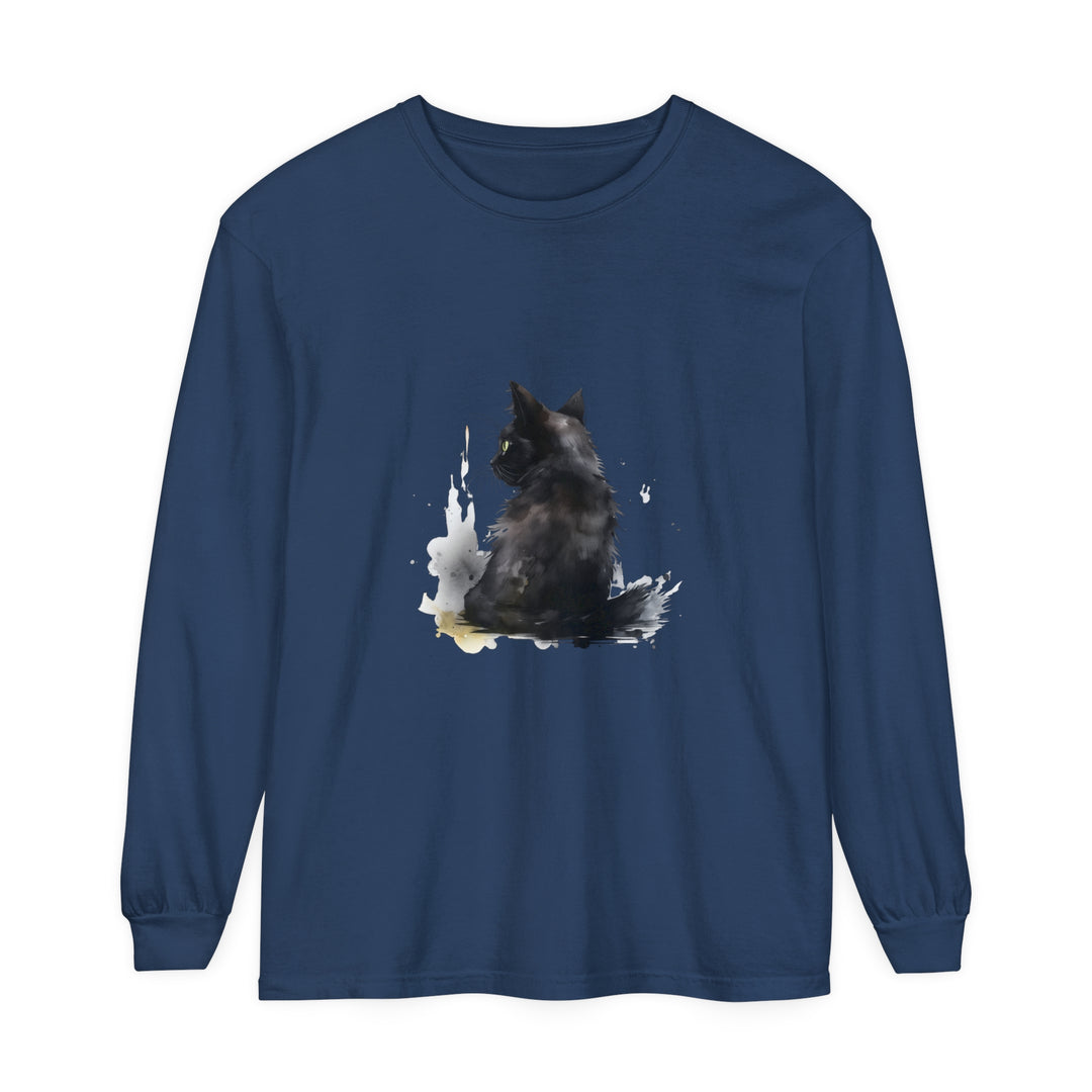 Black Cat Watercolor Dream long sleeve t-shirt with vibrant and detailed watercolor cat design on black background