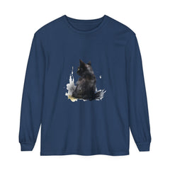 Black Cat Watercolor Dream long sleeve t-shirt with vibrant and detailed watercolor cat design on black background