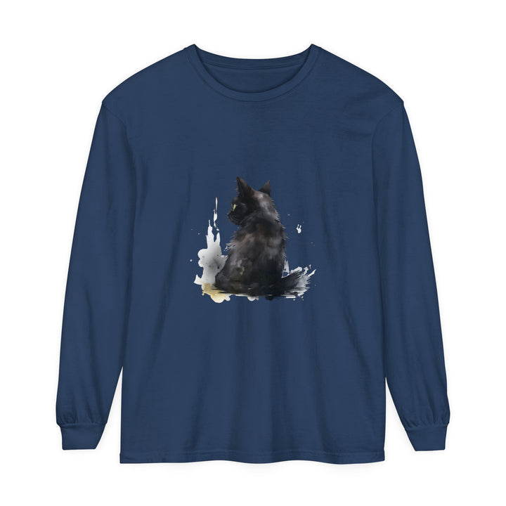 Black Cat Watercolor Dream long sleeve t-shirt with vibrant and detailed watercolor cat design on black background