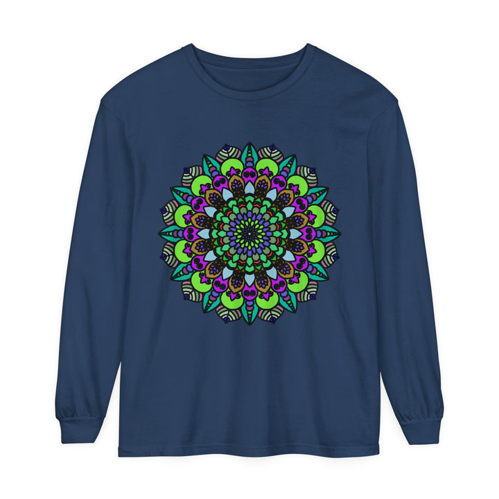 Colorful and intricate mandala design on a unisex long sleeve t-shirt