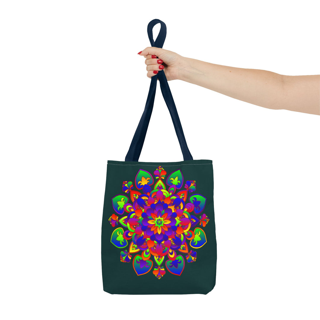 Colorful mandala design tote bag with mystical nature elements and vibrant colors