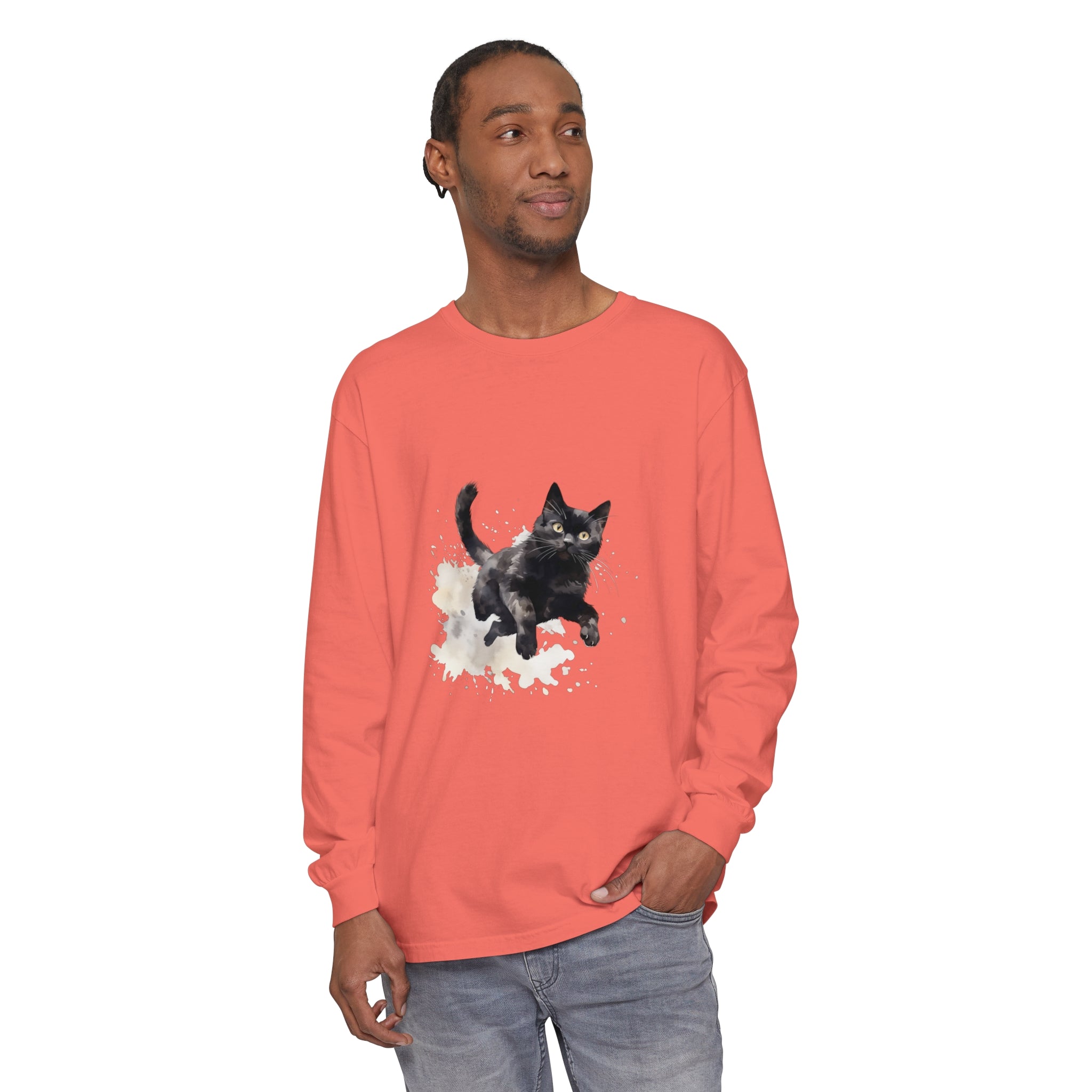 Black Cat Watercolor Splash T-Shirt featuring a vibrant watercolor design of a playful black cat on a high-quality cotton tee