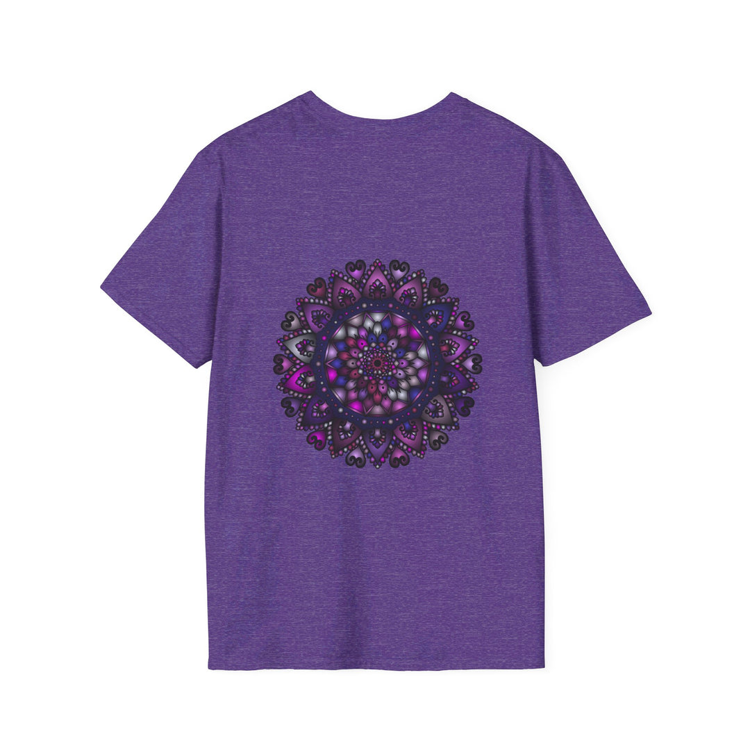 Vibrant purple mandala art unisex softstyle t-shirt with intricate hand-drawn design