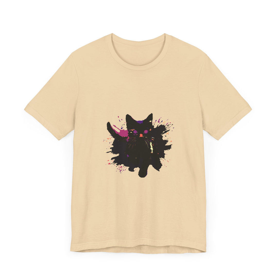 Black Cat Mystery T-Shirt featuring a bold and colorful design with a vibrant and eye-catching graphic of a mysterious black cat against a backdrop of deep, rich hues