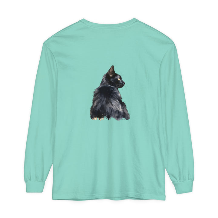 Black Cat Watercolor Long Sleeve T-Shirt with vibrant and detailed feline design