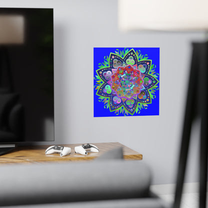 Detailed and vibrant hand-drawn mandala art poster in blue