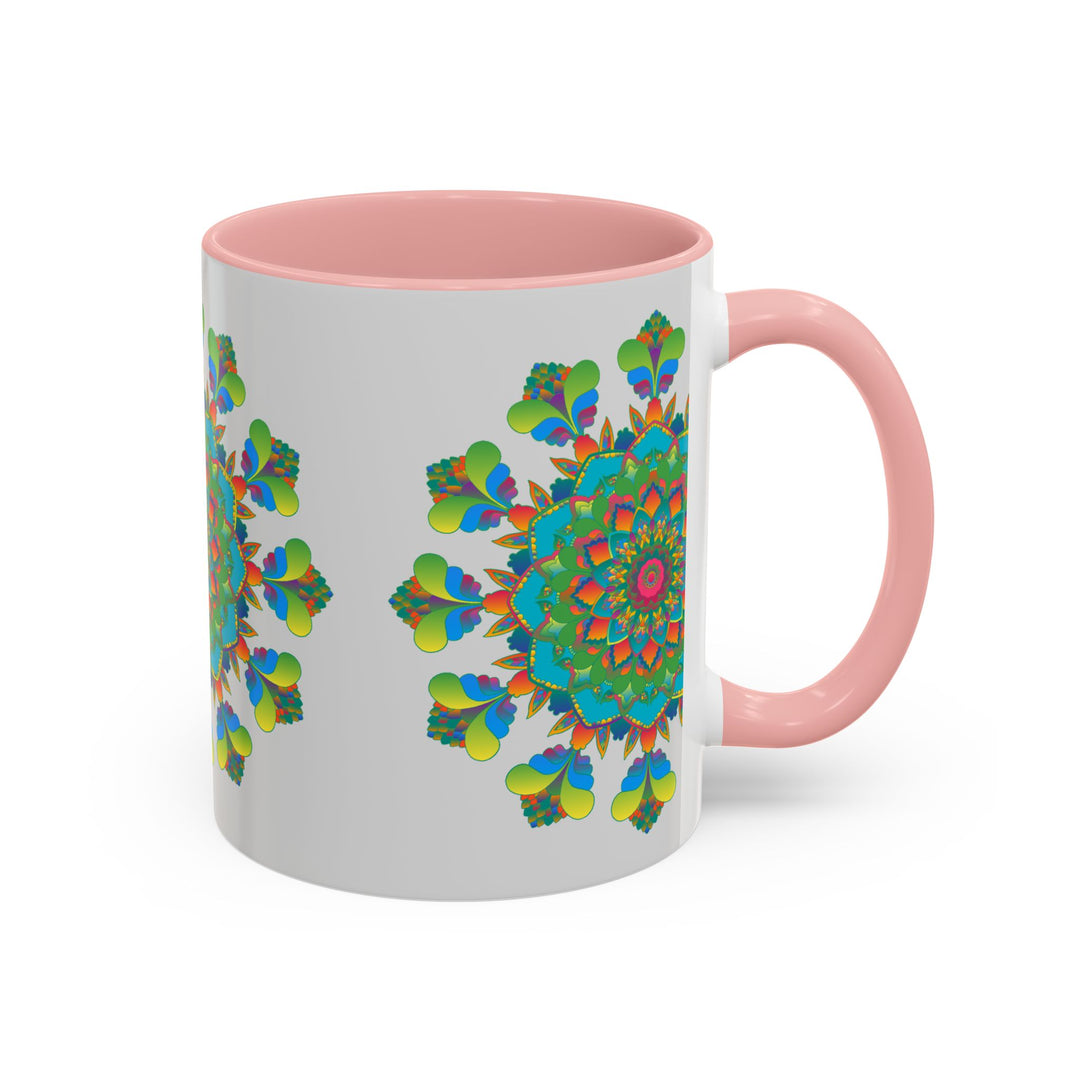 Beautiful mandala art mug with vibrant colors on grey background, perfect for enjoying your favorite hot beverages in style