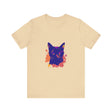 A stylish and eye-catching black cat mystery t-shirt with colorful splatter